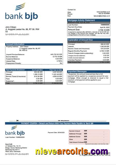 Indonesia Bank BJB mortgage statement Word and PDF template